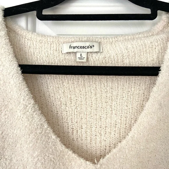 Francesca's Collections Cream and Pink Heart V-Neck Sweater - Picture 2 of 3